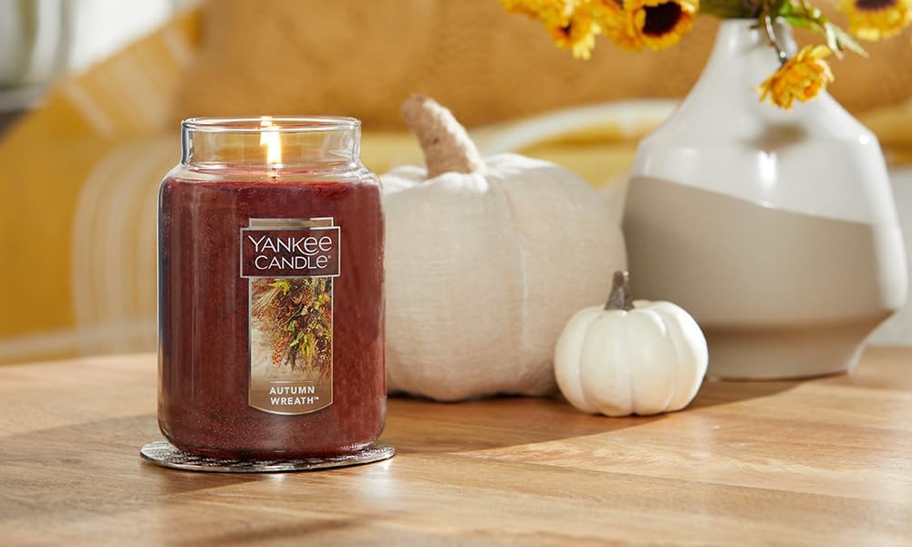 Yankee Candle Autumn Wreath Scented, Classic 22oz Large Jar Single Wick Aromatherapy Candle, Over 110 Hours of Burn Time, Apothecary Jar Fall Candle, Autumn Candle Scented for Home