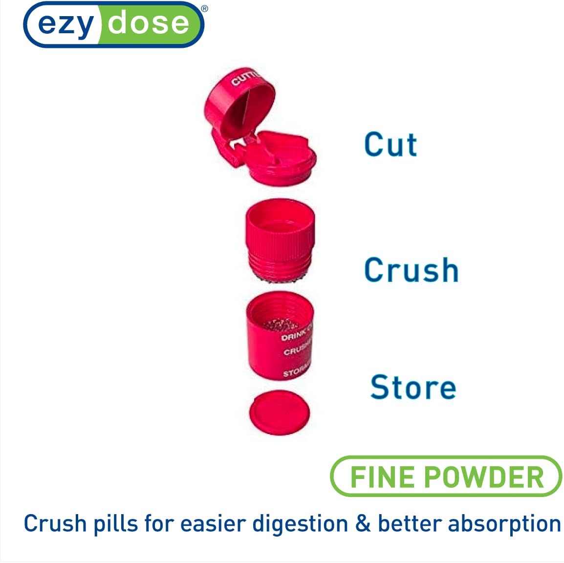 Ezy Dose Pill Crusher, Cutter and Grinder, Crushes Pills, Vitamins, Tablets, Stainless Steel Blade, Removable Drinking Cup, Red