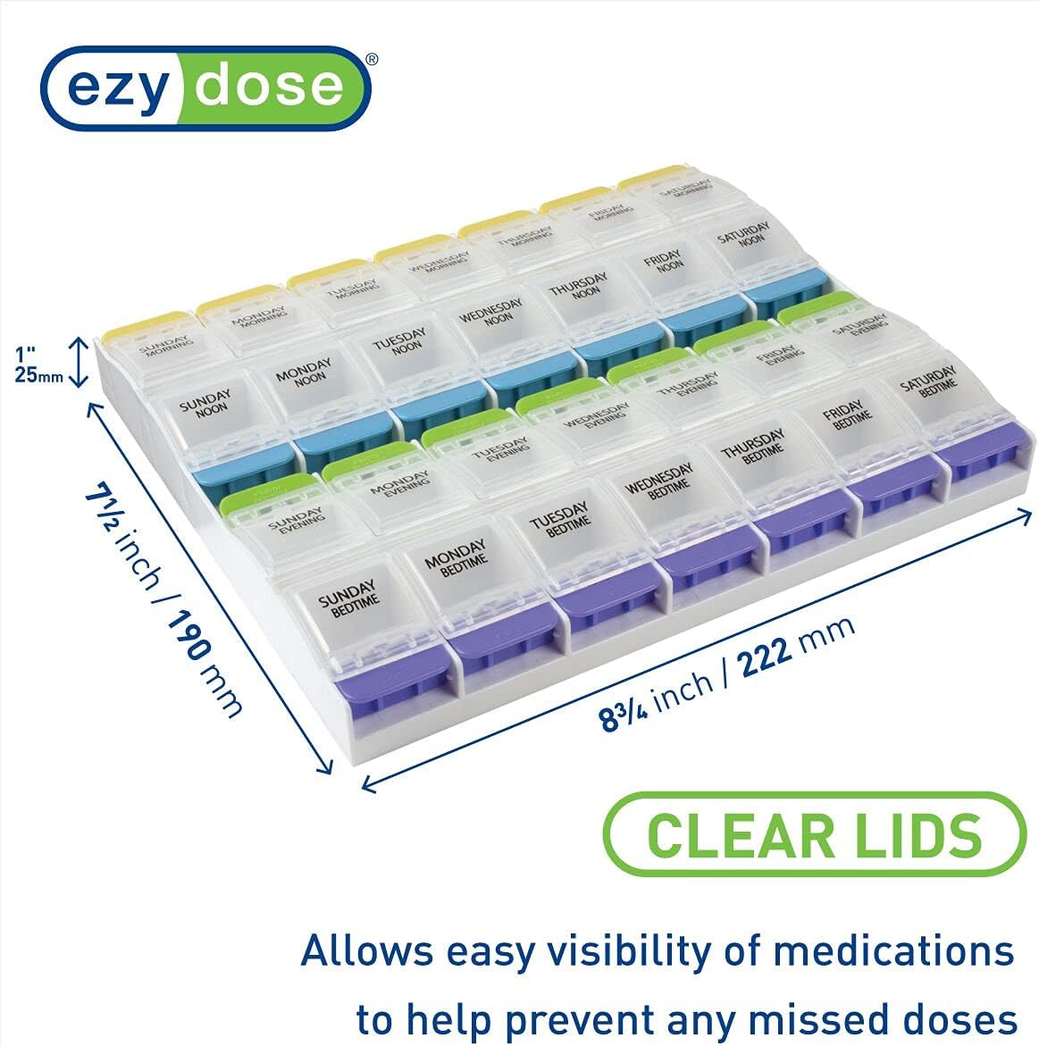 Ezy Dose Weekly (7-Day) Pill Organizer, Vitamin and Medicine Box, 2X-Large Push Button Compartments, 4 Times a Day, Clear Lids