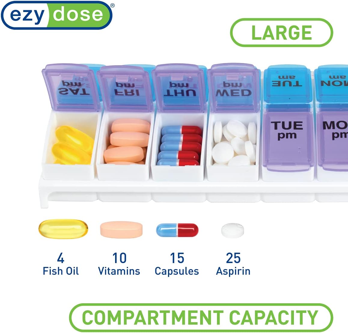 Ezy Dose Weekly (7-Day) AM/PM Pill Organizer, Vitamin and Medicine Box, Small Pop-out Compartments, 2 Times a Day, Blue and Purple Lids