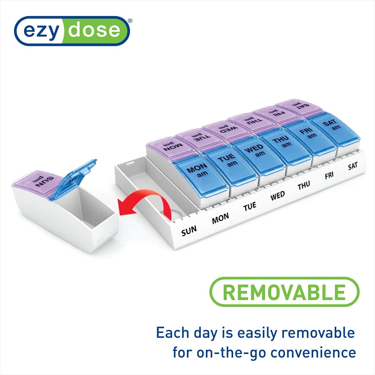 Ezy Dose Weekly (7-Day) AM/PM Pill Organizer, Vitamin and Medicine Box, Small Pop-out Compartments, 2 Times a Day, Blue and Purple Lids