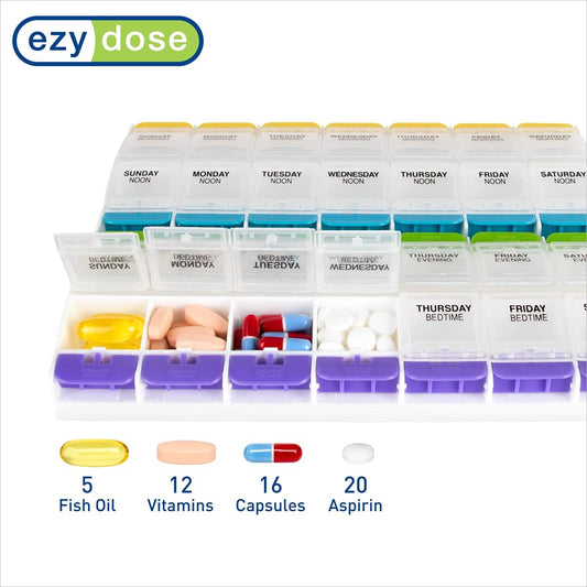 Ezy Dose Weekly (7-Day) Pill Organizer, Vitamin and Medicine Box, 2X-Large Push Button Compartments, 4 Times a Day, Clear Lids