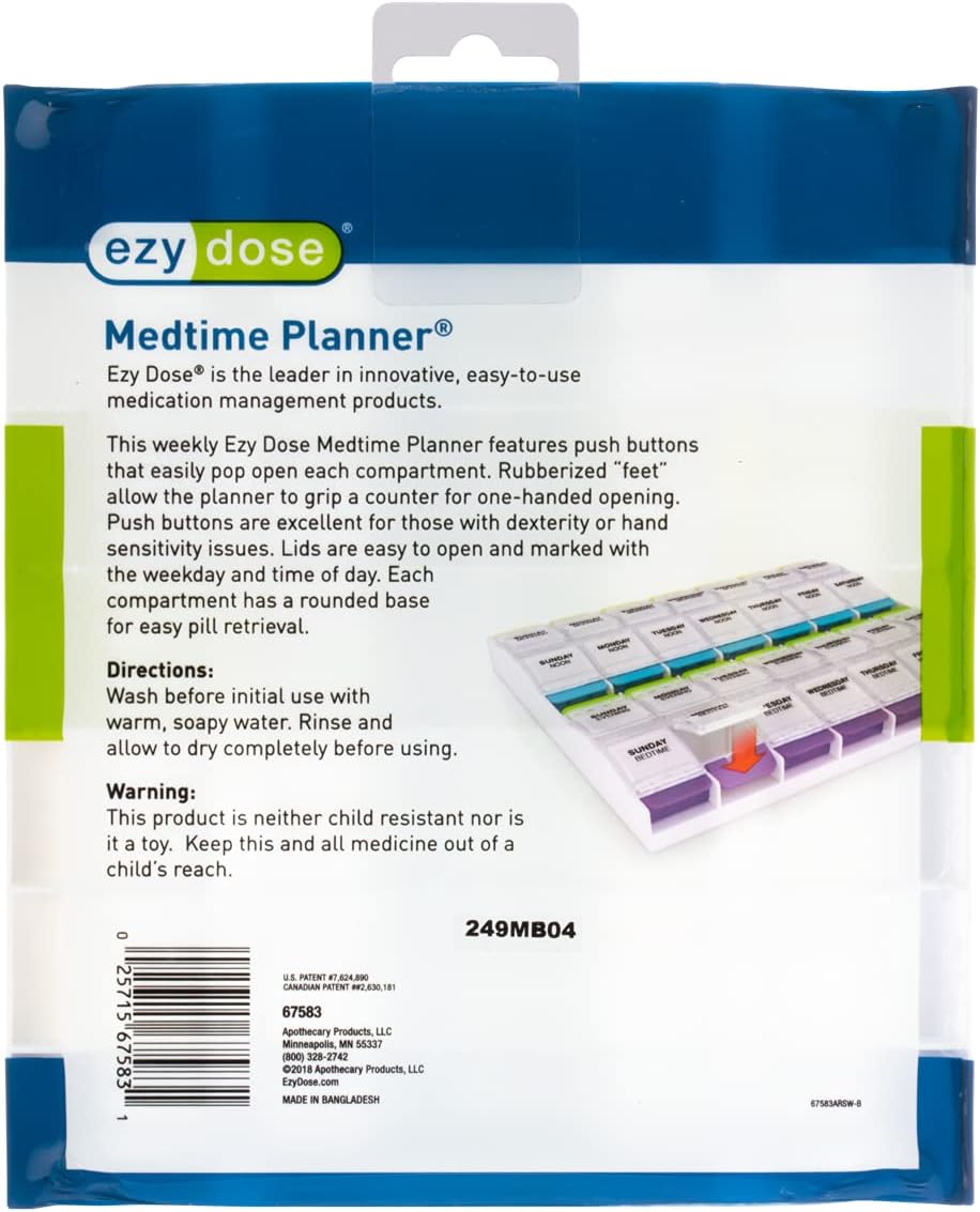 Ezy Dose Weekly (7-Day) Pill Organizer, Vitamin and Medicine Box, 2X-Large Push Button Compartments, 4 Times a Day, Clear Lids