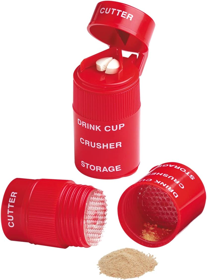 Ezy Dose Pill Crusher, Cutter and Grinder, Crushes Pills, Vitamins, Tablets, Stainless Steel Blade, Removable Drinking Cup, Red