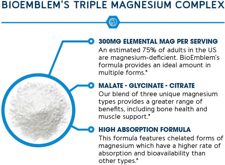 BioEmblem Triple Magnesium Complex | 300mg of Magnesium Glycinate, Malate, & Citrate for Muscles, Nerves, & Energy | High Absorption | Vegan, Non-GMO | 90 Capsules