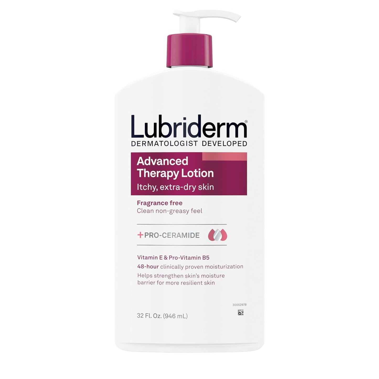 Lubriderm Advanced Therapy Fragrance Free Moisturizing Hand & Body Lotion + Pro-Ceramide with Vitamins E & Pro-Vitamin B5, Intense Hydration for Itchy, Extra Dry Skin, Non-Greasy, 32 fl. oz