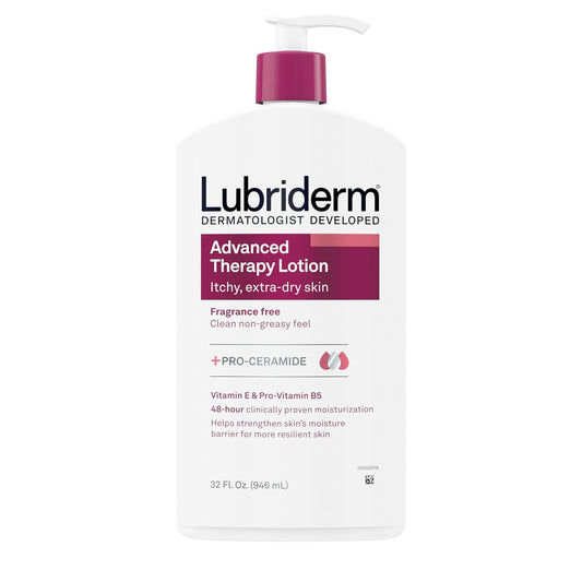 Lubriderm Advanced Therapy Fragrance Free Moisturizing Hand & Body Lotion + Pro-Ceramide with Vitamins E & Pro-Vitamin B5, Intense Hydration for Itchy, Extra Dry Skin, Non-Greasy, 32 fl. oz