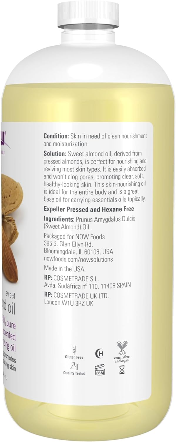 NOW Solutions, Sweet Almond Oil, 100% Pure Moisturizing Oil, Promotes Healthy-Looking Skin, Unscented Oil, 32-Ounce