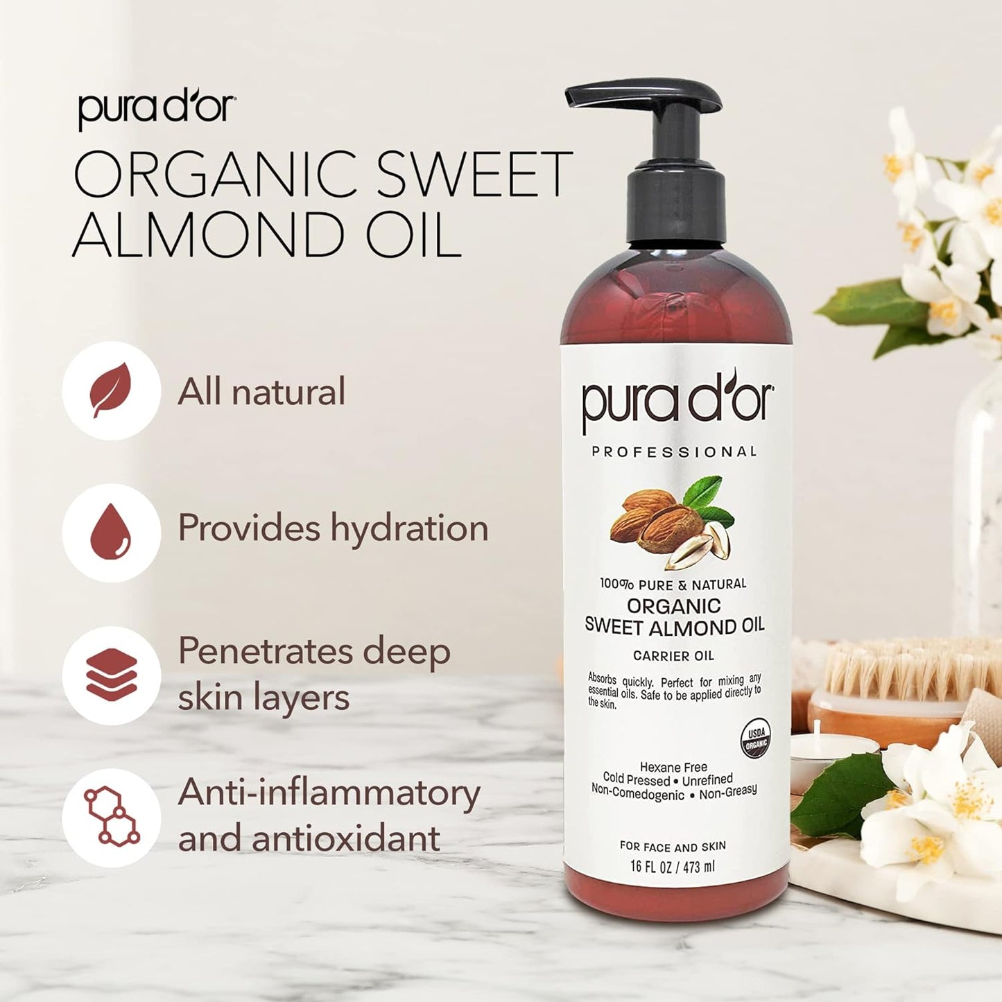 PURA D'OR Organic Sweet Almond Oil (16oz) USDA Certified 100% Pure & Natural Carrier Oil - Hexane Free - Skin & Face - Facial Polish, Full Body, Massages, DIY Base (Packaging may vary)