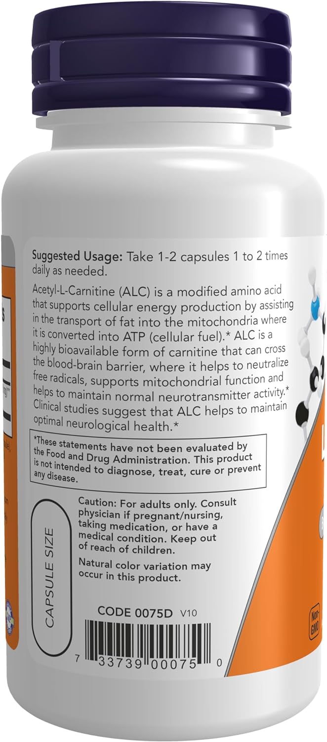 NOW Foods Acetyl-L-Carnitine, 500 mg, 50 Veg Capsules