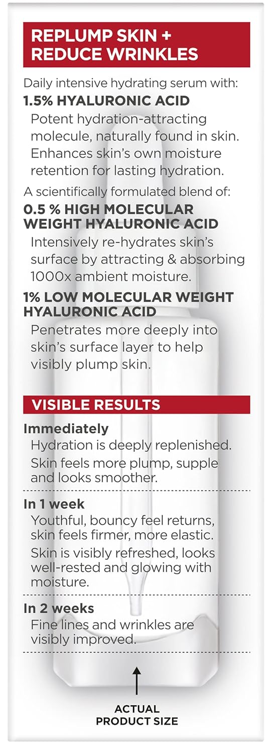 L’Oréal Paris Revitalift 1.5% Pure Hyaluronic Acid Face Serum, Hydrate & Reduce Wrinkles, Fragrance Free 1 oz