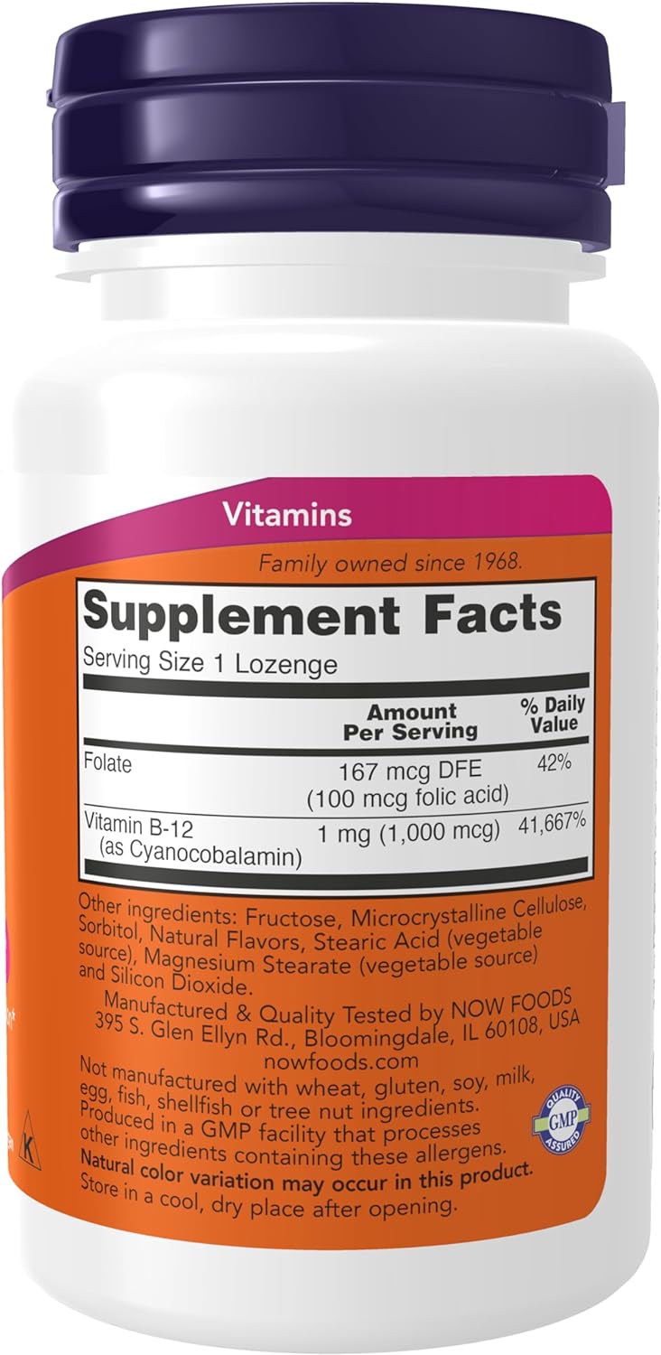 NOW Foods Vitamin B-12 (1000 mcg) with Folic Acid Chewable, 100 Lozenges