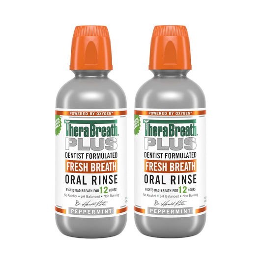 TheraBreath Fresh Breath PLUS Mouthwash, Peppermint Flavor, Alcohol-Free, 16 Fl Oz (Pack of 2)