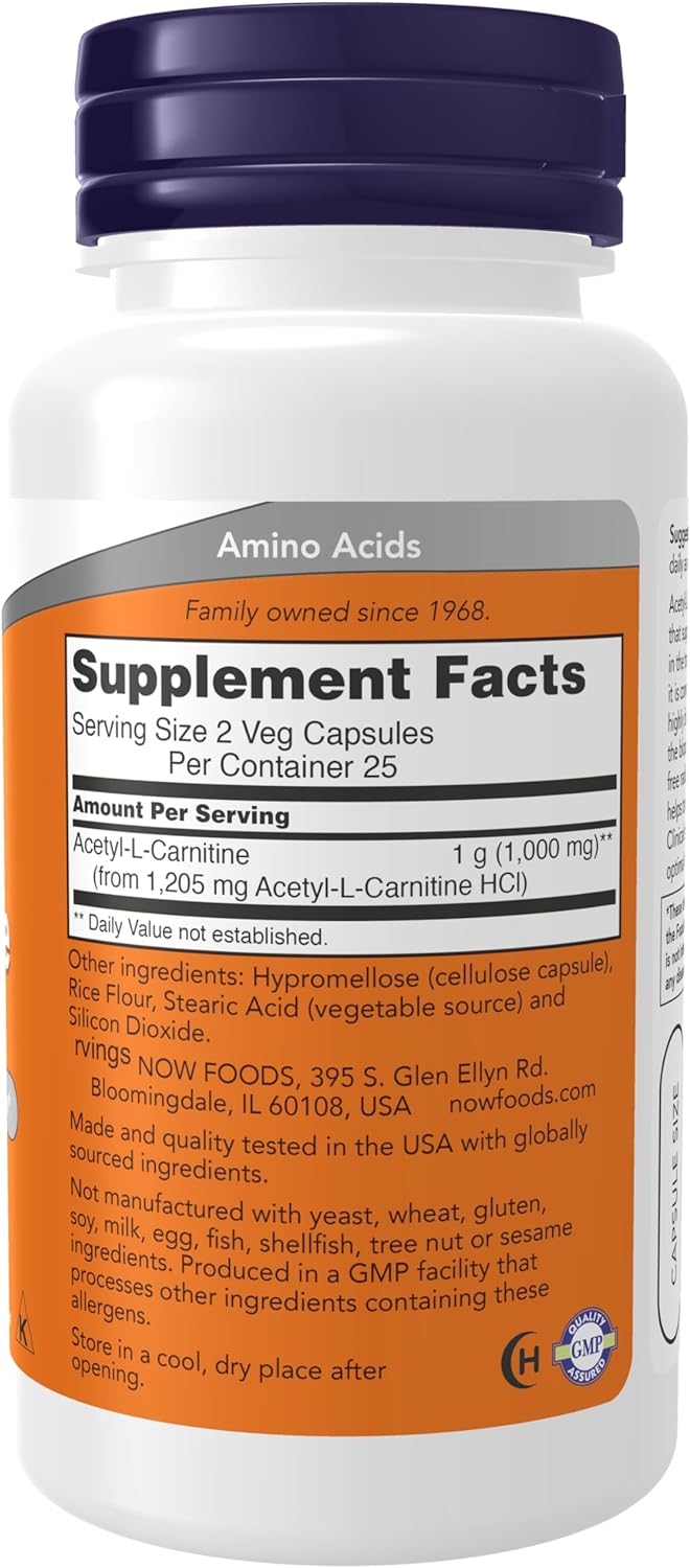 NOW Foods Acetyl-L-Carnitine, 500 mg, 50 Veg Capsules