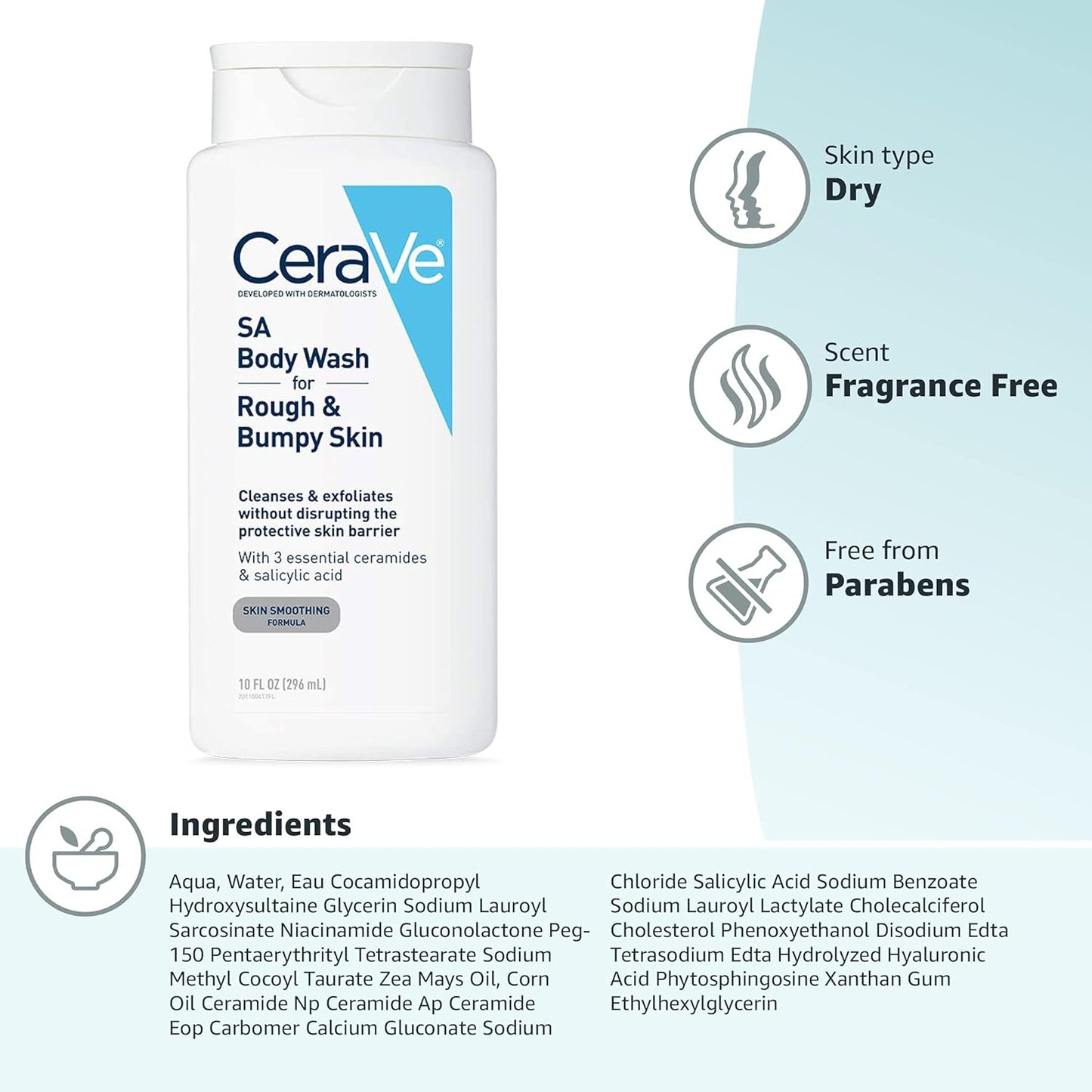 CeraVe Body Wash with Salicylic Acid | Fragrance Free Body Wash to Exfoliate Rough and Bumpy Skin | Allergy Tested | 10 Ounce