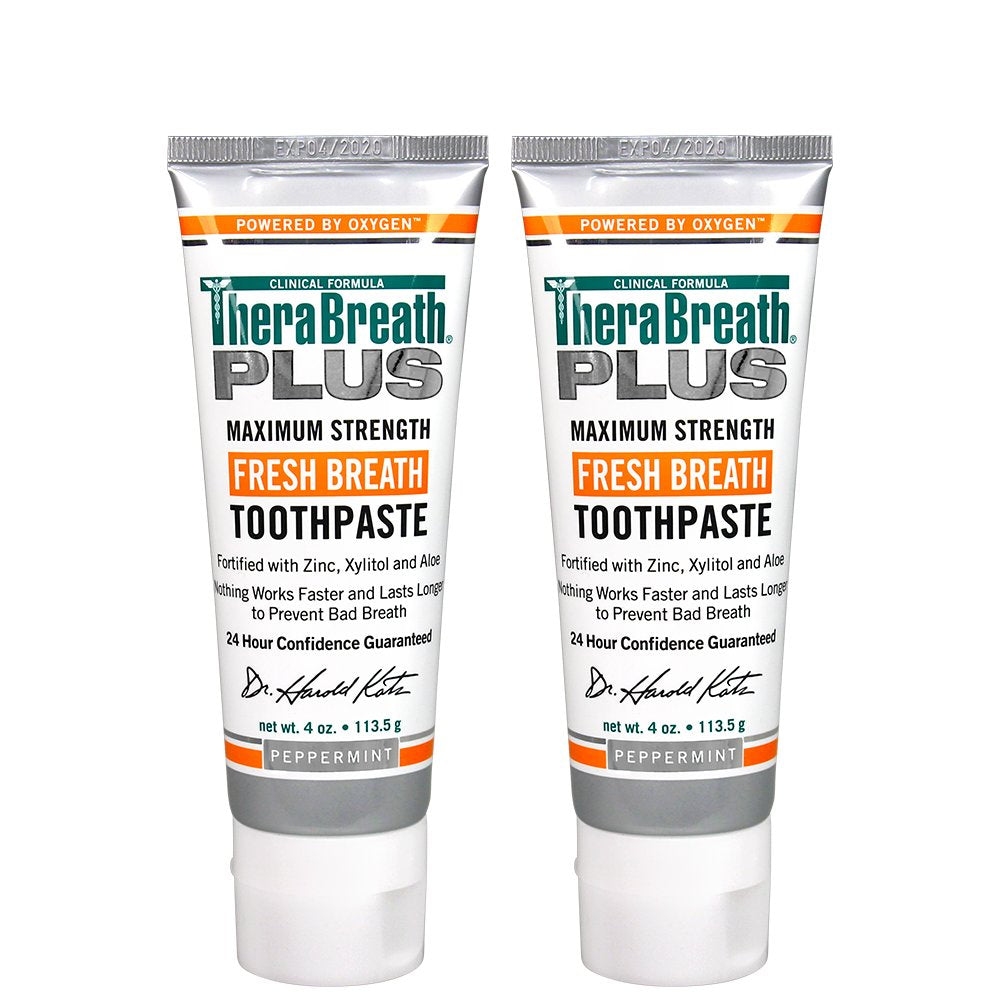 TheraBreath Plus Fresh Breath Maximum Strength 24-Hour Toothpaste with Zinc, Xylitol and Aloe, 4 Ounce (Pack of 2)