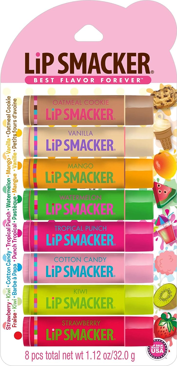 Lip Smacker Original & Best Holiday Flavored Lip Balm Party Pack, Oatmeal Cookie, Vanilla, Mango, Watermelon, Tropical Punch, Cotton Candy, Kiwi, Strawberry, Clear