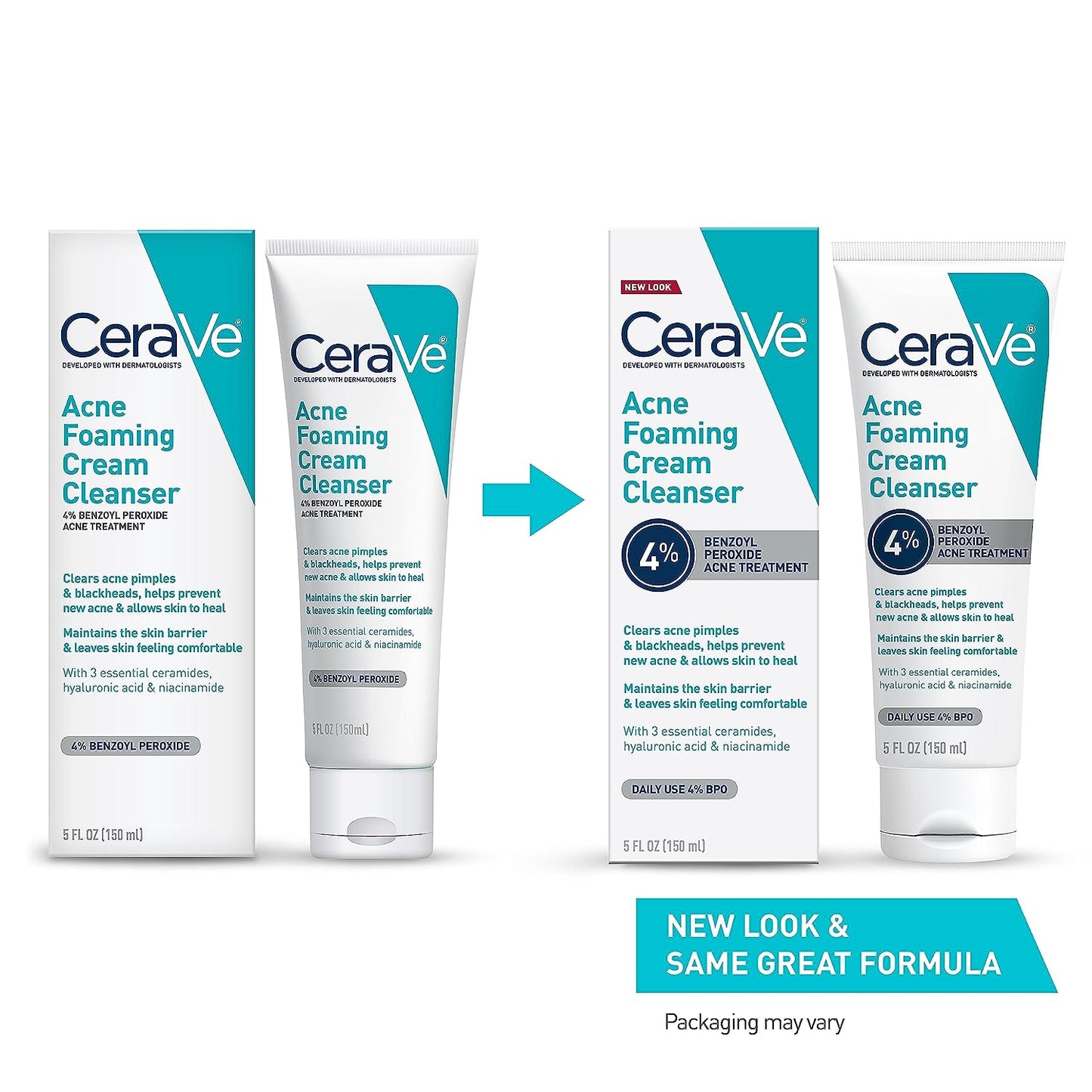 CeraVe Acne Foaming Cream Cleanser | Acne Treatment Face Wash with 4% Benzoyl Peroxide, Hyaluronic Acid, and Niacinamide | Cream to Foam Formula | Fragrance Free & Non Comedogenic | 5 Oz