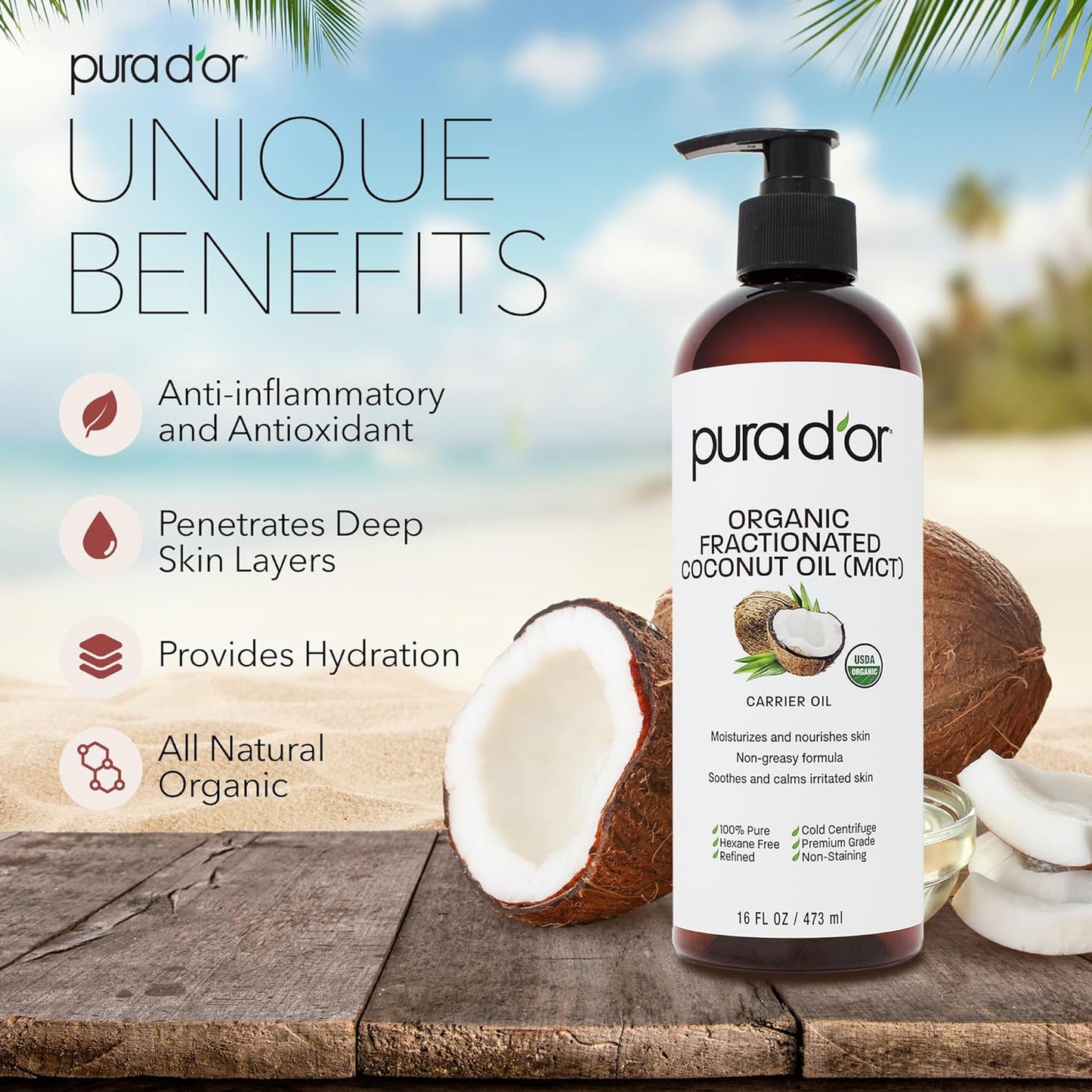 PURA D'OR 16 Oz Organic Fractionated Coconut Oil - 100% Pure & Natural USDA Certified Cold Pressed Carrier Oil, Scent-Free - Aciete De Coco Liquid Moisturizer For Face Skin & Hair, Men & Women