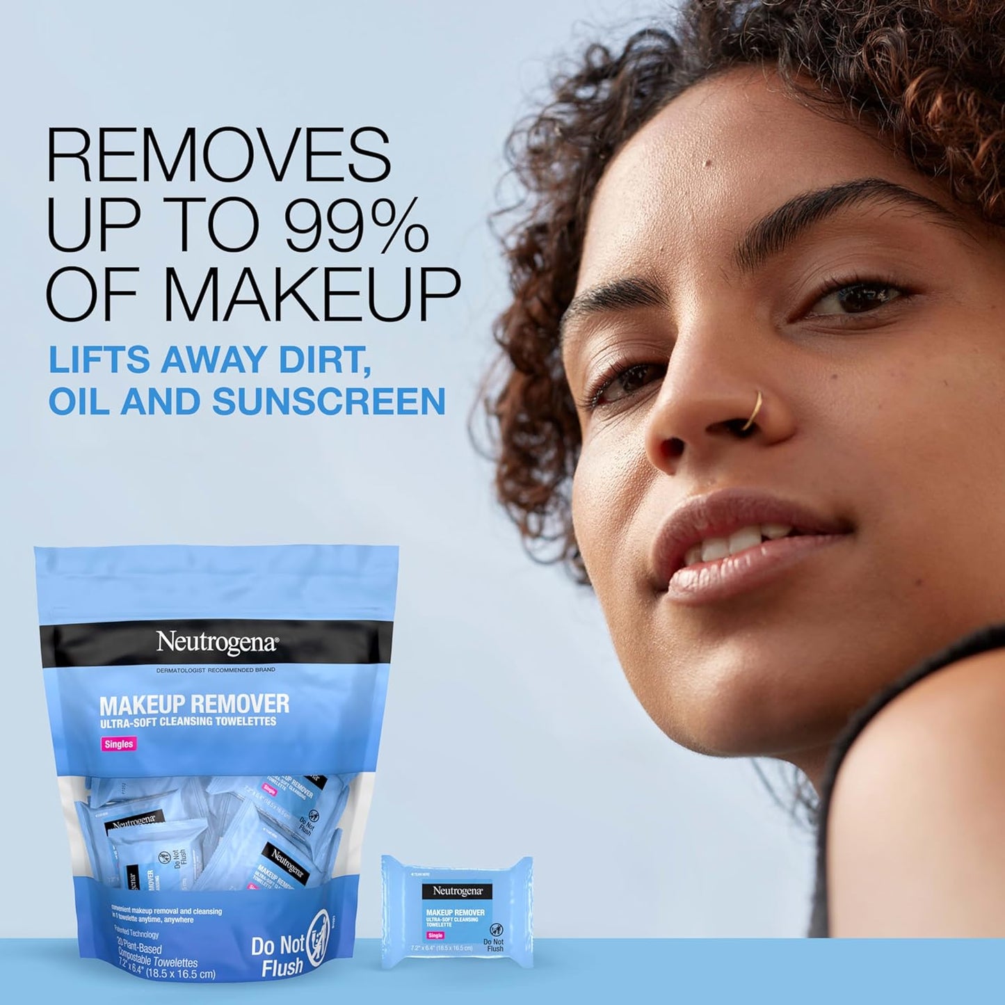 Neutrogena Makeup Remover Wipes Singles, Daily Facial Cleanser Towelettes, Gently Removes Oil & Makeup, Alcohol-Free Makeup Wipes, Individually Wrapped, 20 ct