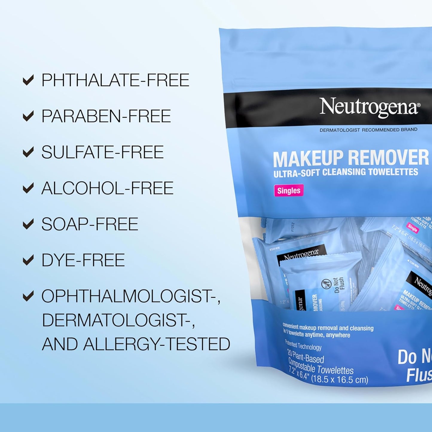 Neutrogena Makeup Remover Wipes Singles, Daily Facial Cleanser Towelettes, Gently Removes Oil & Makeup, Alcohol-Free Makeup Wipes, Individually Wrapped, 20 ct