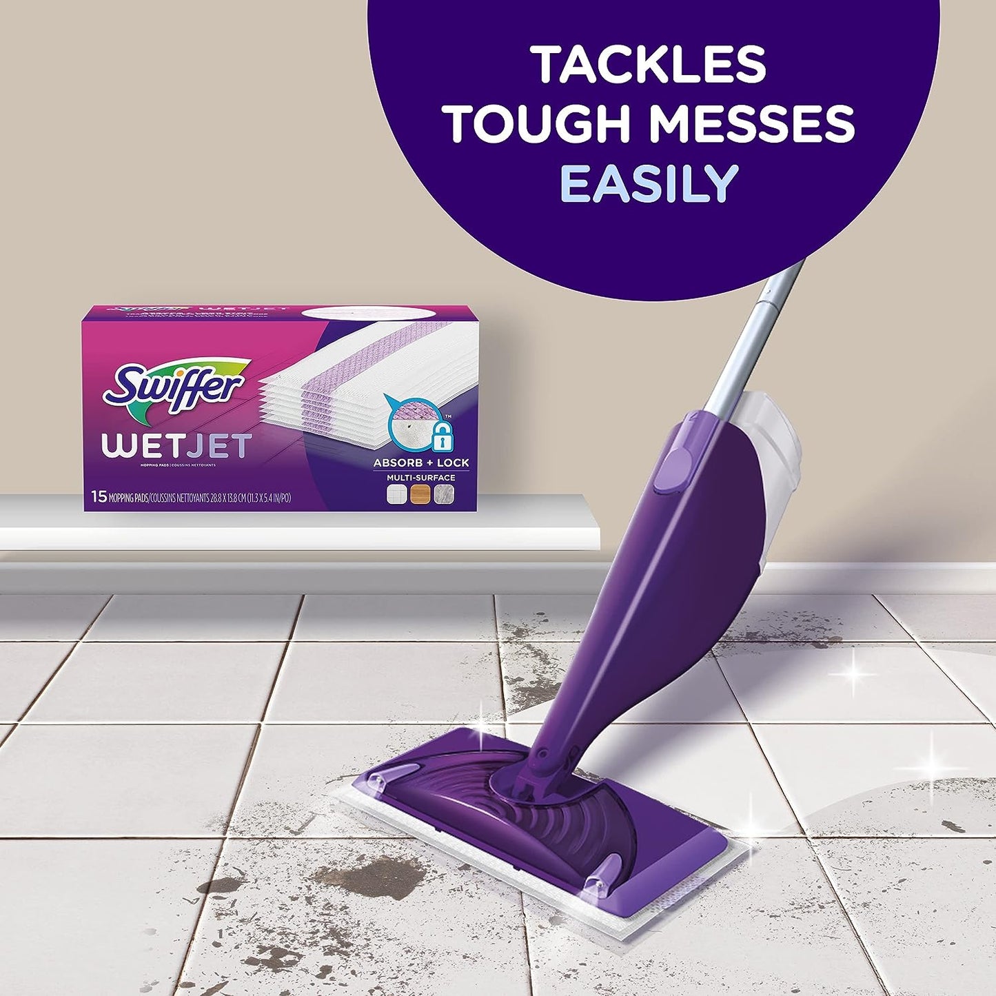 Swiffer WetJet Hardwood and Floor Spray Mop Cleaner Starter Kit, Includes: 1 Power Mop, 10 Pads, Cleaning Solution, Batteries