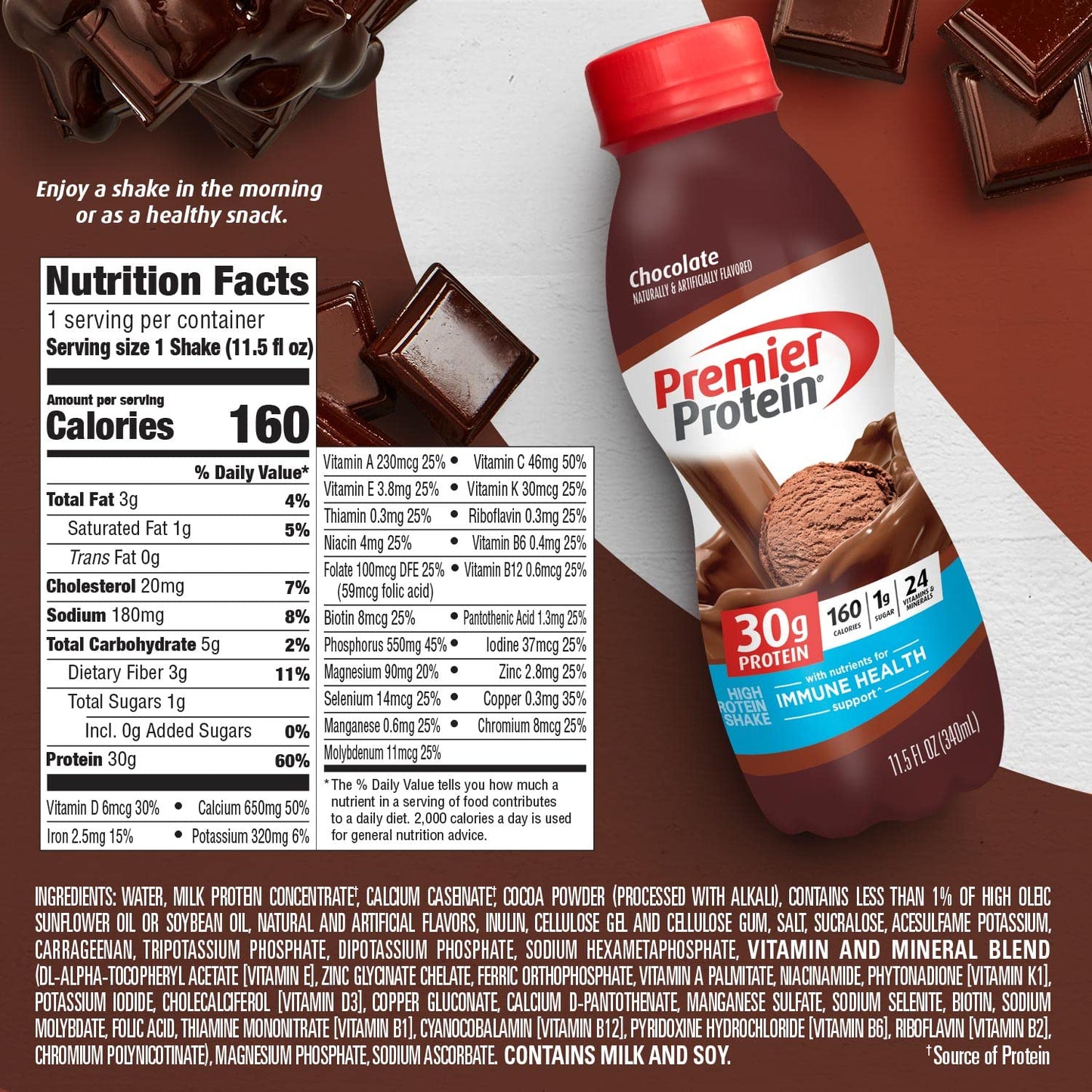 Premier Protein Shake 30g Protein 1g Sugar 24 Vitamins Minerals Nutrients to Support Immune Health For keto diet , Chocolate, 11.5 Fl Oz (Pack of 12), Liquid,Powder, Bottle