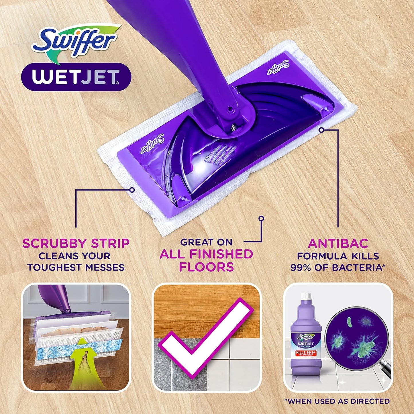 Swiffer WetJet Hardwood and Floor Spray Mop Cleaner Starter Kit, Includes: 1 Power Mop, 10 Pads, Cleaning Solution, Batteries