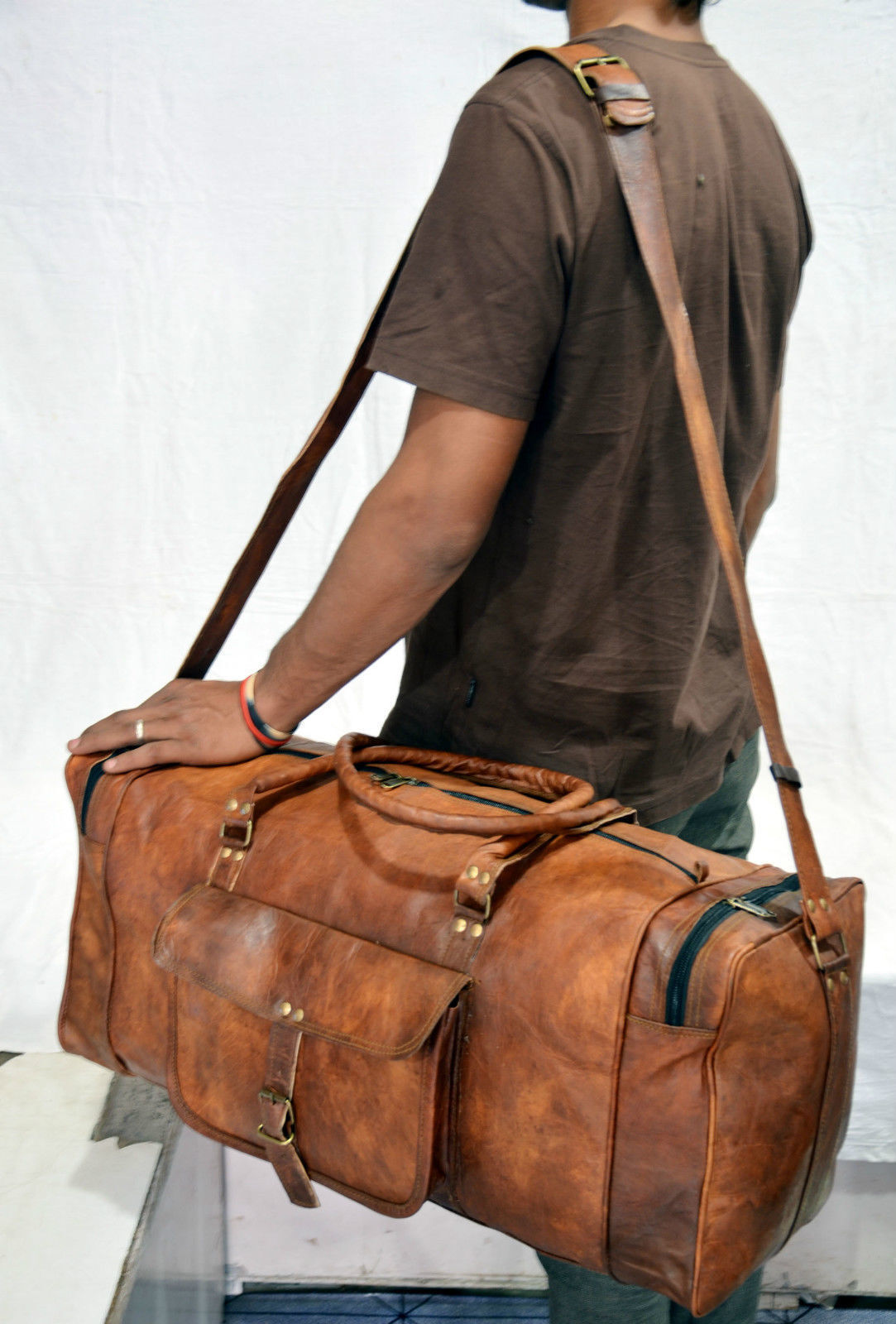 New Men's genuine Brown Leather Retro vintage Large Round duffle travel gym bag