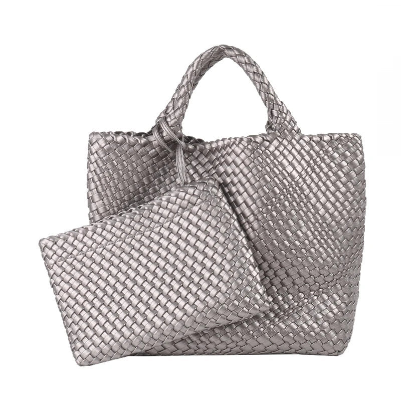 Women PU Leather Knitting Handbag Lady Fashion Classic Tote Female Quality Hand-woven Basket Shoulder Bag Messenger with Purse