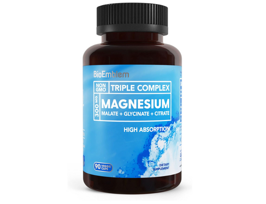 BioEmblem Triple Magnesium Complex | 300mg of Magnesium Glycinate, Malate, & Citrate for Muscles, Nerves, & Energy | High Absorption | Vegan, Non-GMO | 90 Capsules