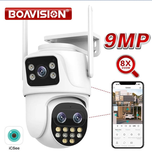 Wifi Surveillance Camera Outdoor PTZ 9MP Three lens 8X Digital Zoom AI Auto Tracking Humanoid Detection 4MP Security Camera