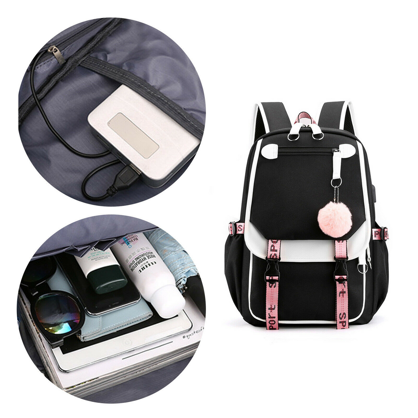 Women School Bag Oxford Waterproof Girls Backpack Rucksack w/ USB Charging Port