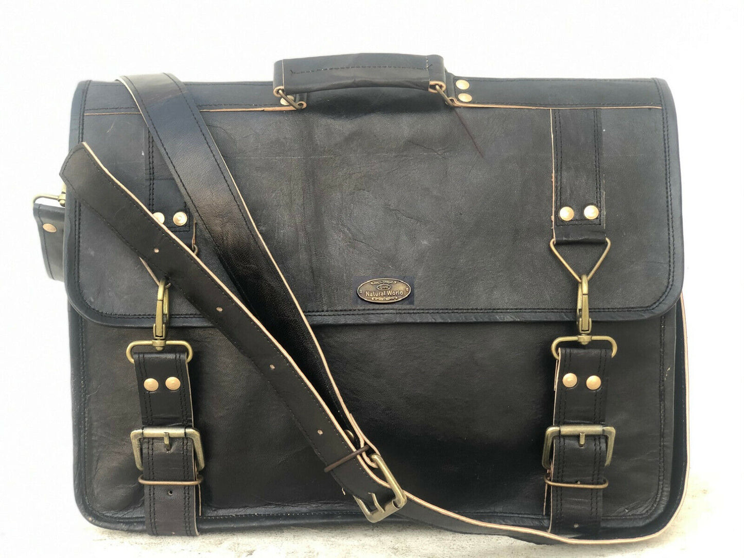 Leather Messenger Men Shoulder Laptop Satchel Briefcase Vintage Black Color Bag (18")