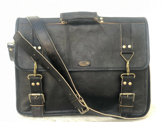 Leather Messenger Men Shoulder Laptop Satchel Briefcase Vintage Black Color Bag (18")