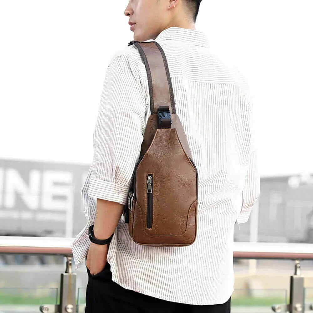 Men Chest Bag PU Leather Sling Fanny Pack Shoulder Backpack w USB Charging Port