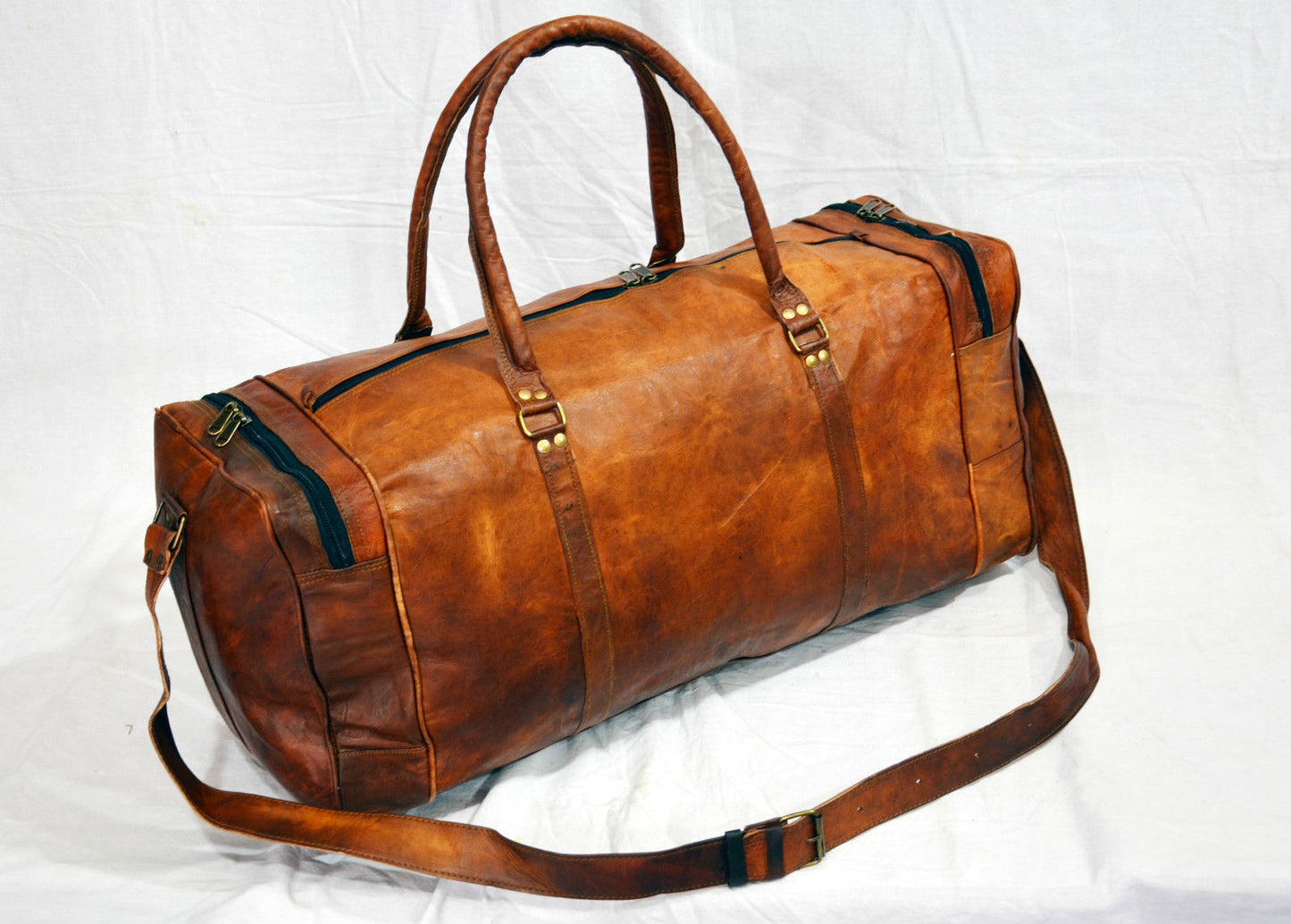 New Men's genuine Brown Leather Retro vintage Large Round duffle travel gym bag