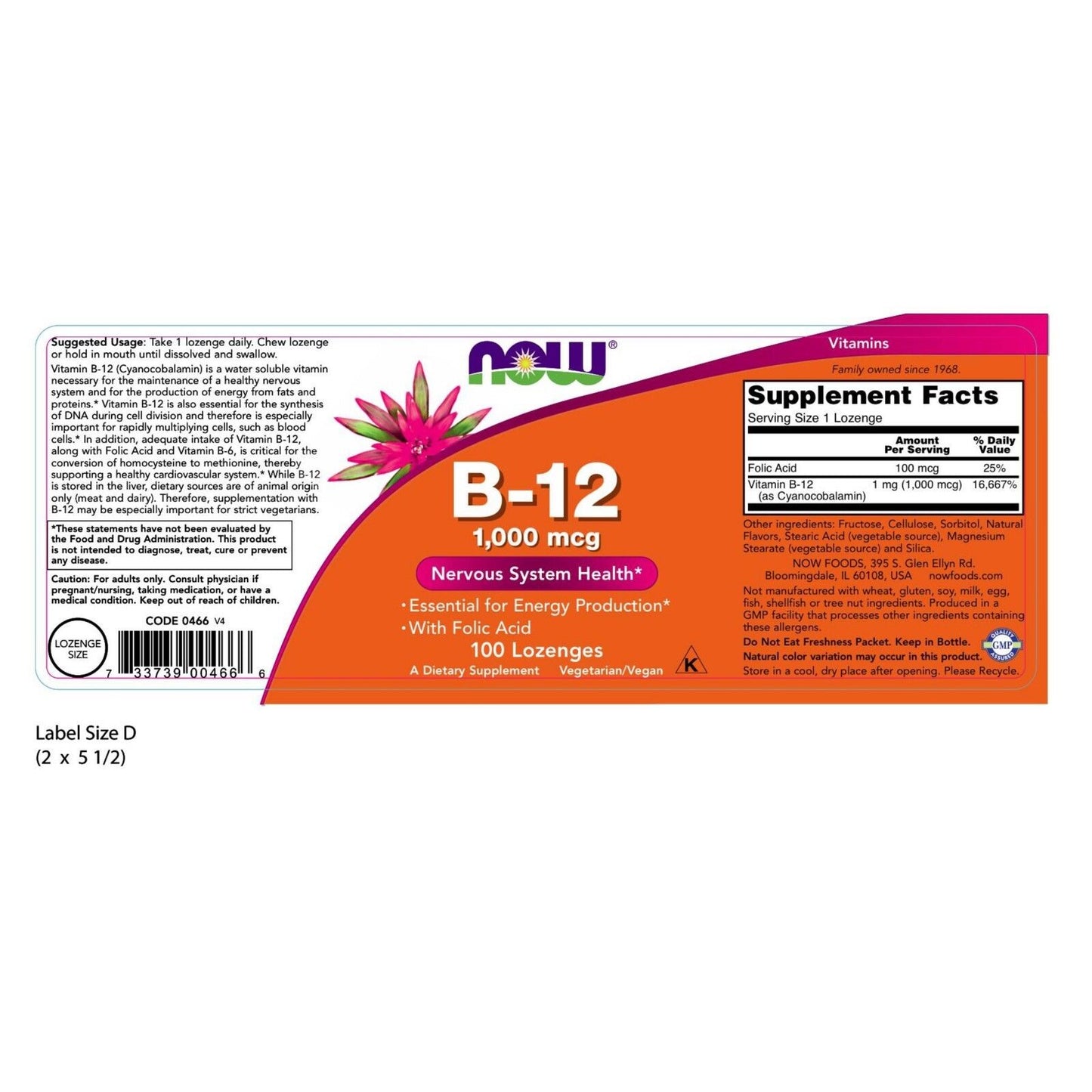 NOW Foods Vitamin B-12 (1000 mcg) with Folic Acid Chewable, 100 Lozenges