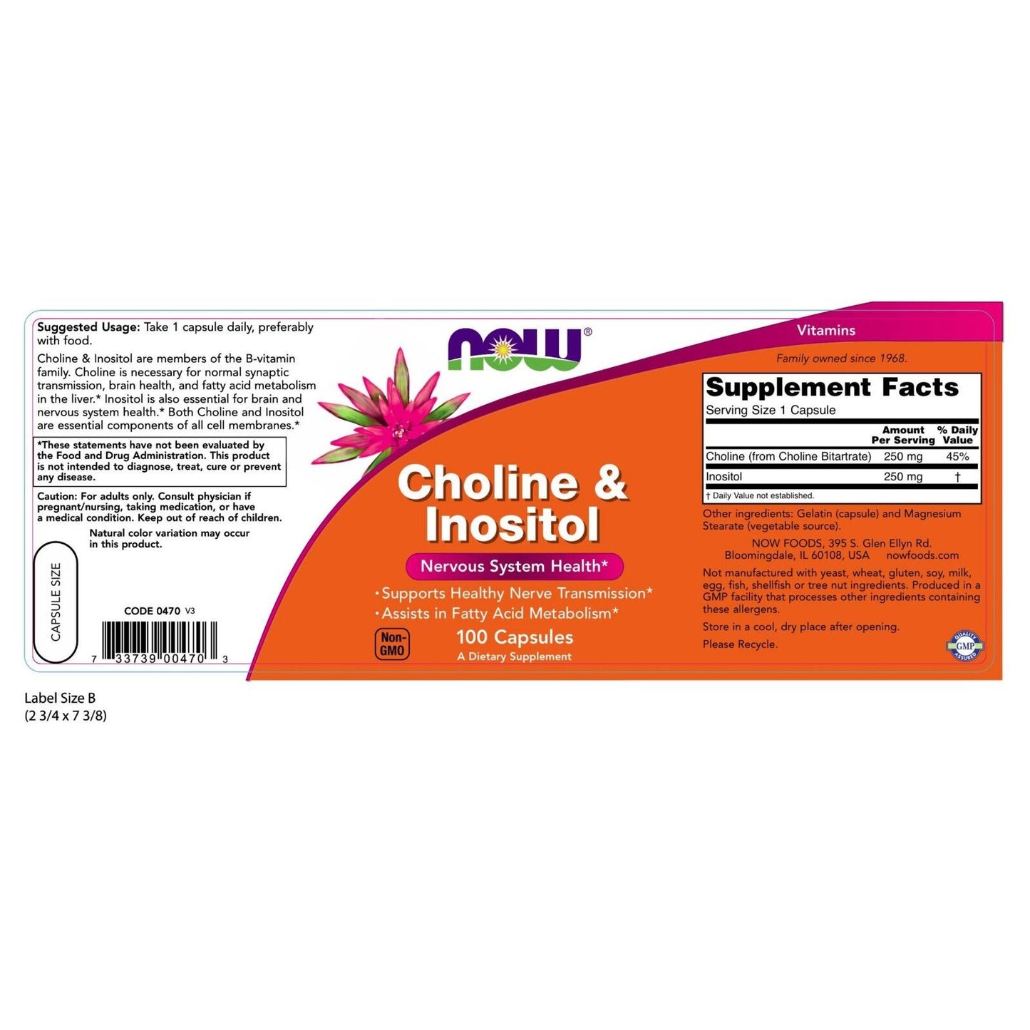 NOW Foods Choline & Inositol, 500 mg, 100 Capsules