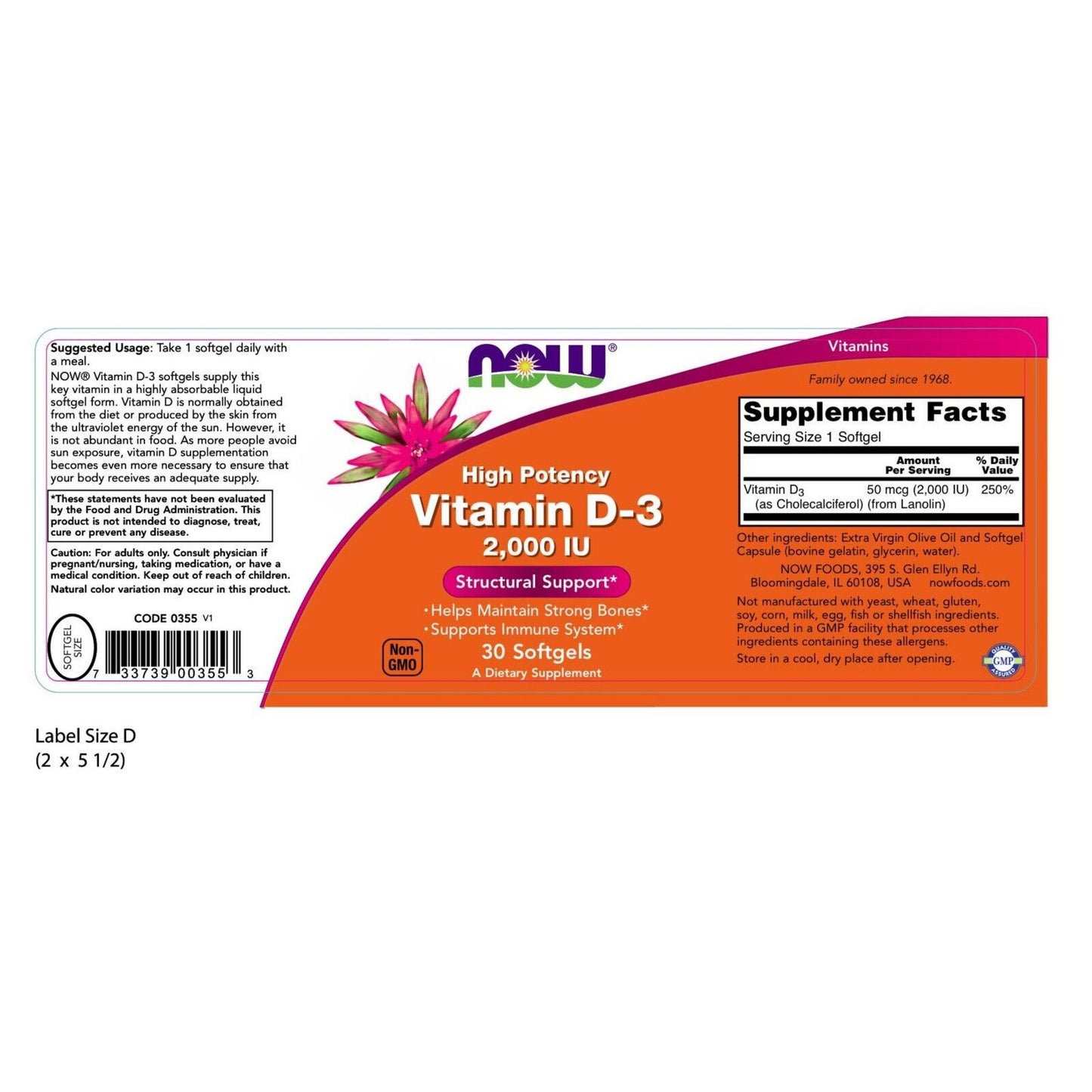 NOW Foods Vitamin D-3, 2000 IU, 30 Softgels