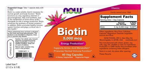 NOW Foods Biotin, 5000 mcg, 60 Veg Capsules