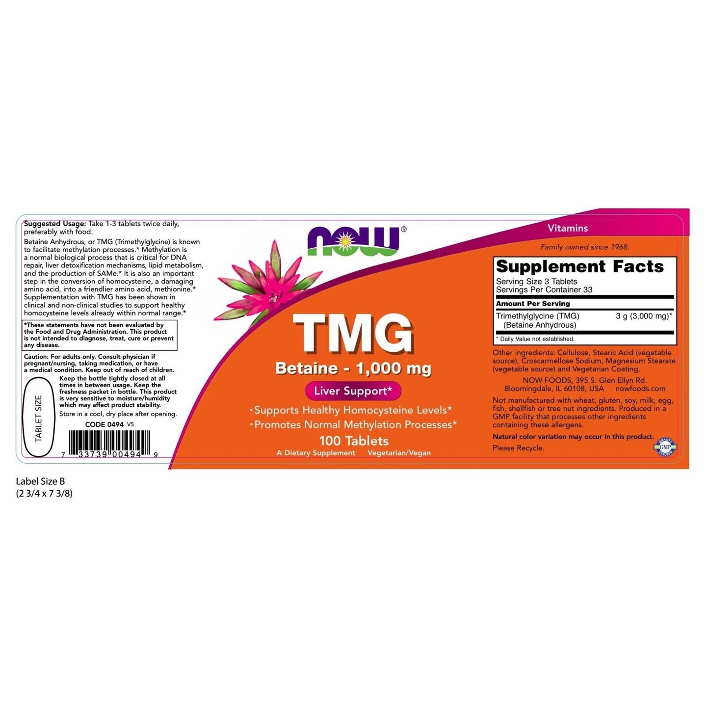 NOW Foods TMG (Trimethyl glycine), 1,000 mg, 100 Tablets