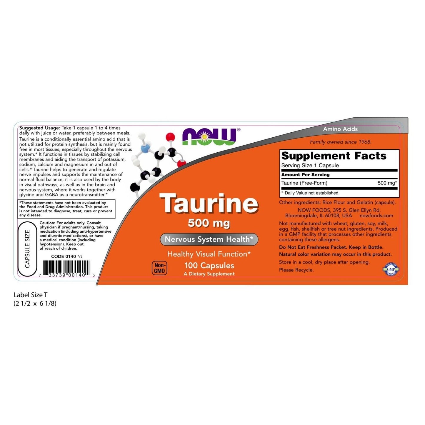 NOW Foods Taurine, 500 mg, 100 Capsules