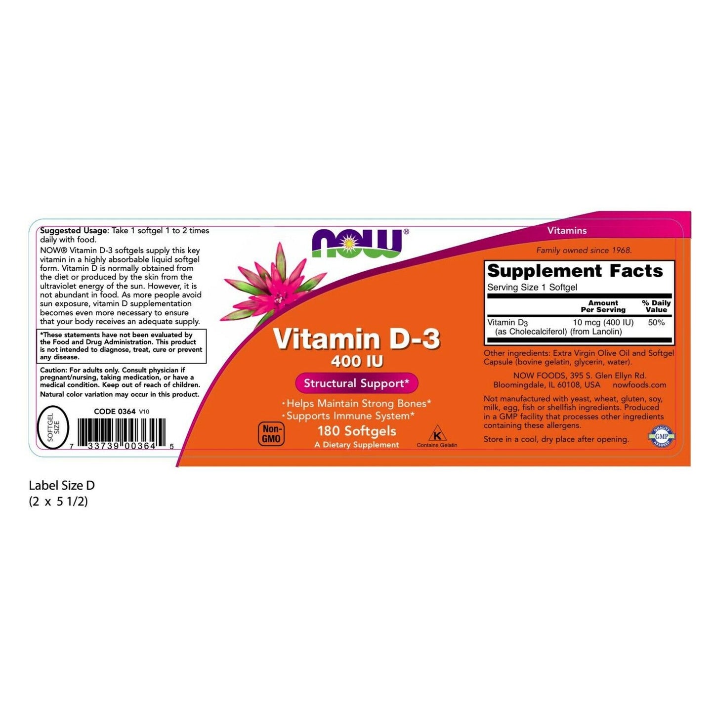 NOW Foods Vitamin D-3, 400 IU, 180 Softgels