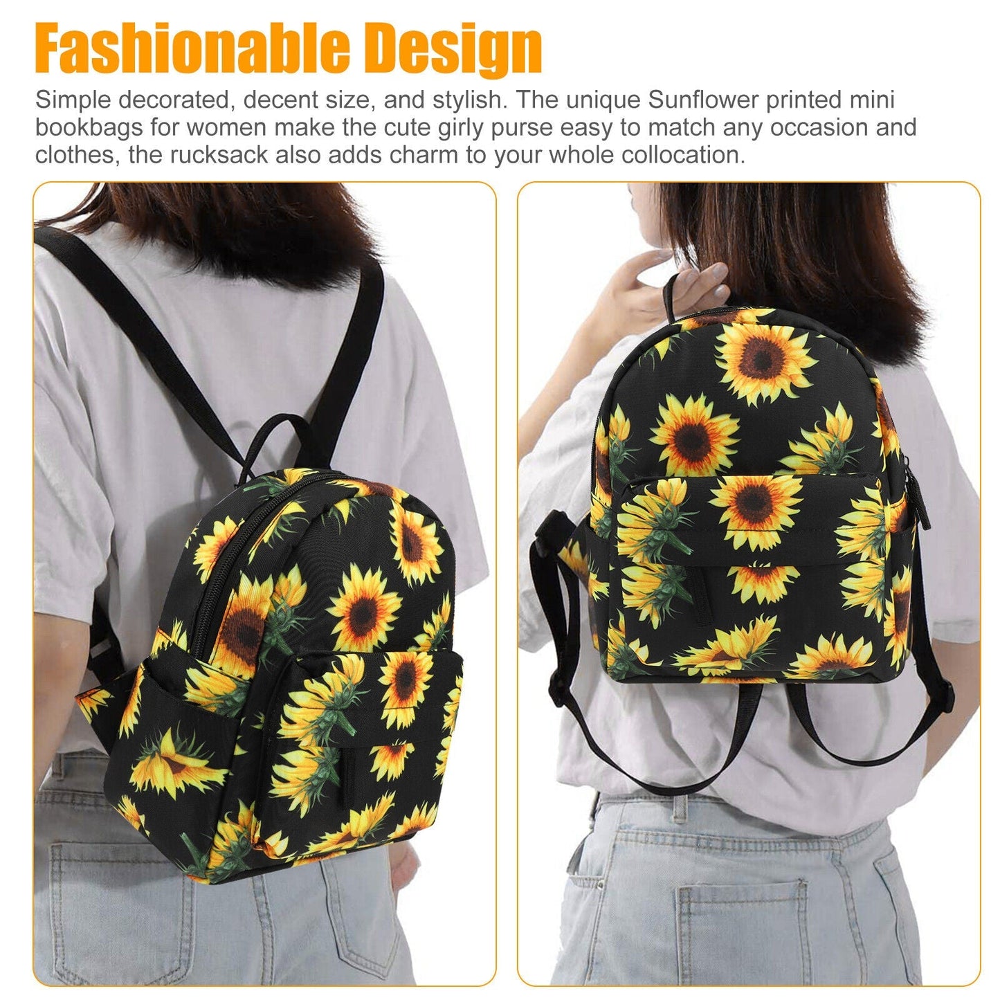 Waterproof Sunflower Backpack Women Purse Shoulder Rucksack Travel Bag Handbag