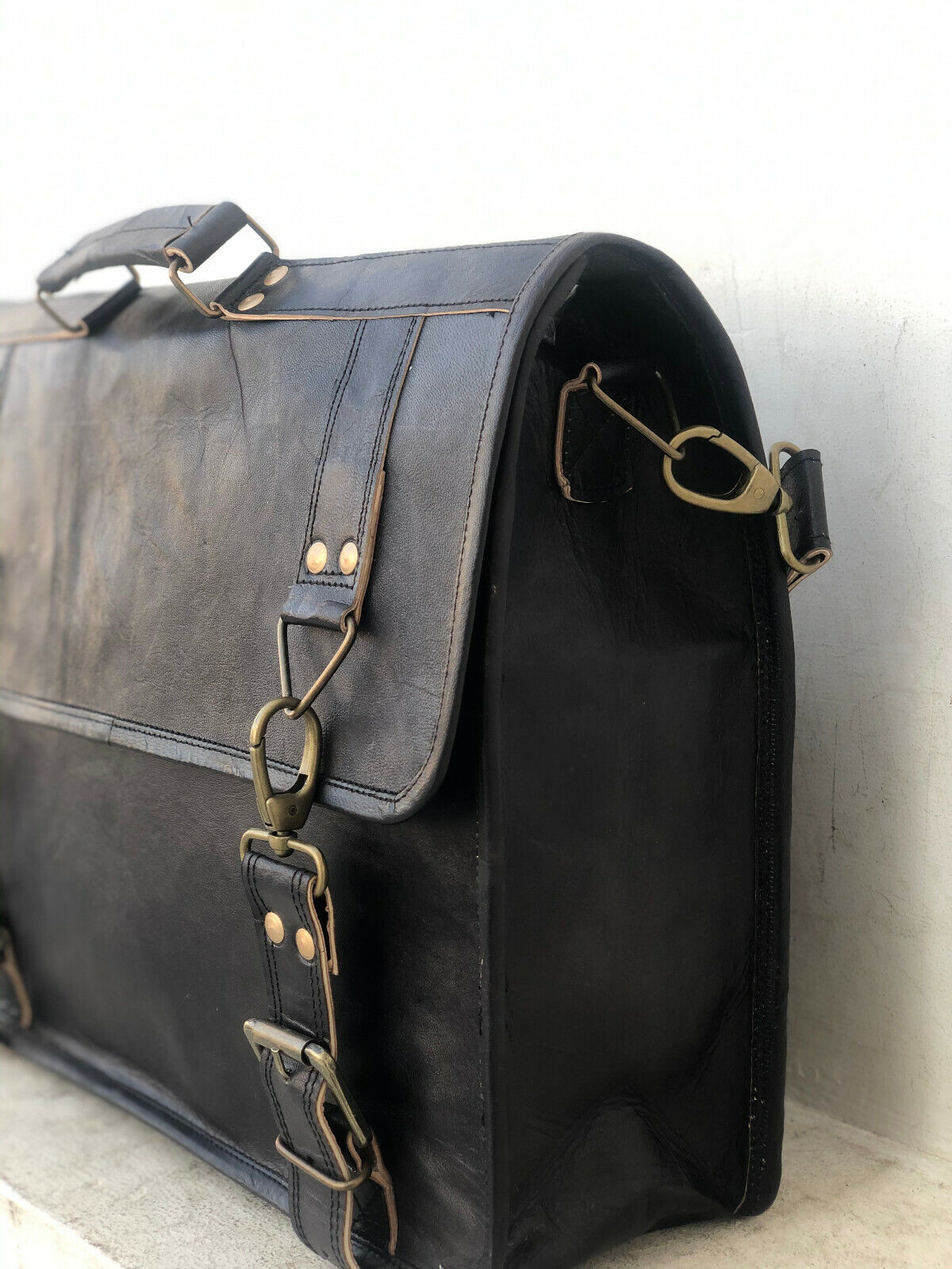 Leather Messenger Men Shoulder Laptop Satchel Briefcase Vintage Black Color Bag (18")